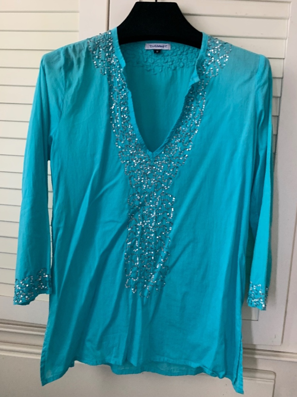 Club Med Linen Turquoise Blue Tunic Top, Silver Sequins, Sz S